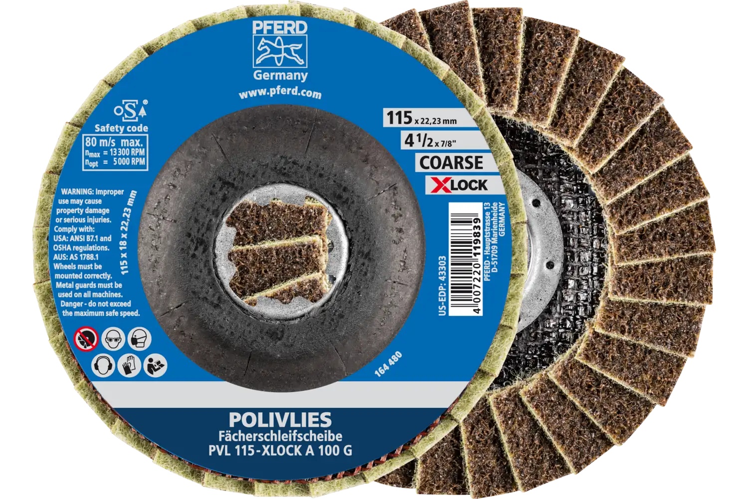 Picture of Pferd Polivlies® Non-Woven Flap Disc, 4-1/2" X-Lock, 100 Grit, Coarse, Aluminum oxide